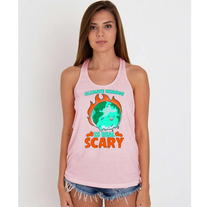 Climate Change Is Real Scary Loves Earth Day Climate Change Gift Women's Knotted Racerback Tank