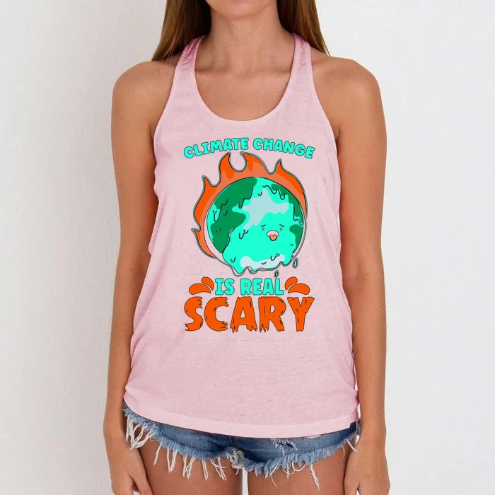 Climate Change Is Real Scary Loves Earth Day Climate Change Gift Women's Knotted Racerback Tank