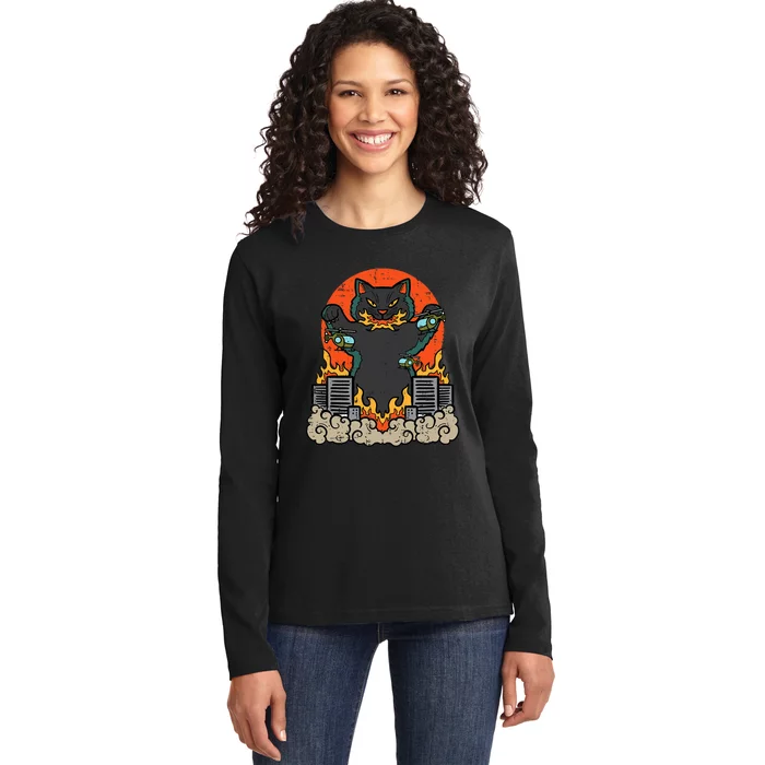 Catzilla Cat Japanese Monster Movie Parody Ladies Long Sleeve Shirt