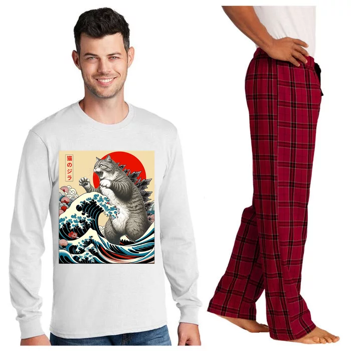 Catzilla Cat Japanese Art Funny Cat Gifts Long Sleeve Pajama Set