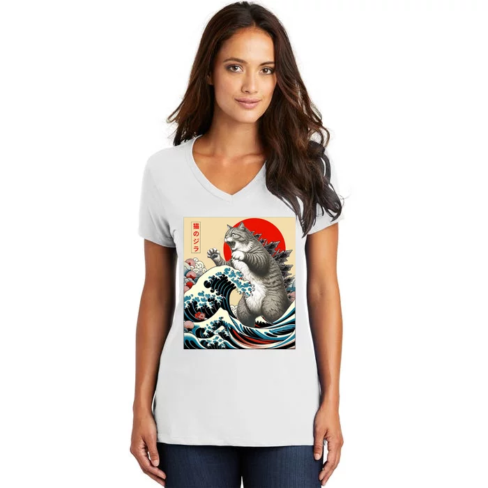 Catzilla Cat Japanese Art Funny Cat Gifts Women's V-Neck T-Shirt