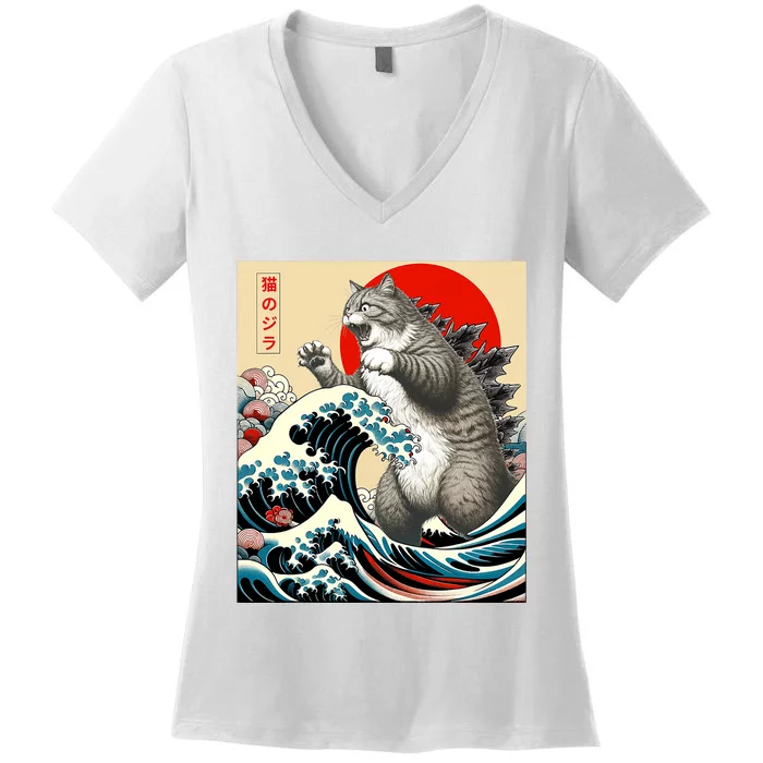 Catzilla Cat Japanese Art Funny Cat Gifts Women's V-Neck T-Shirt