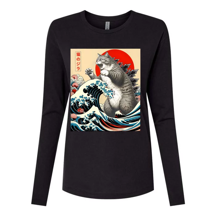 Catzilla Cat Japanese Art Funny Cat Gifts Womens Cotton Relaxed Long Sleeve T-Shirt