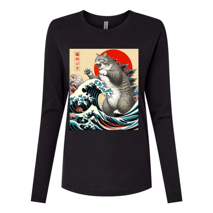 Catzilla Cat Japanese Art Funny Cat Gifts For Women Womens Cotton Relaxed Long Sleeve T-Shirt