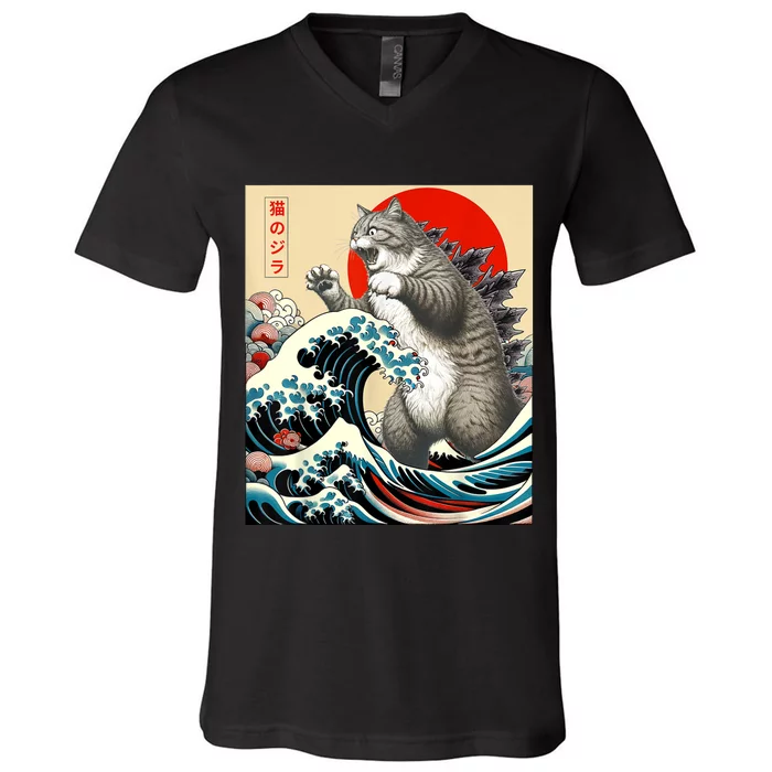 Catzilla Cat Japanese Art Funny Cat Gifts For Women V-Neck T-Shirt