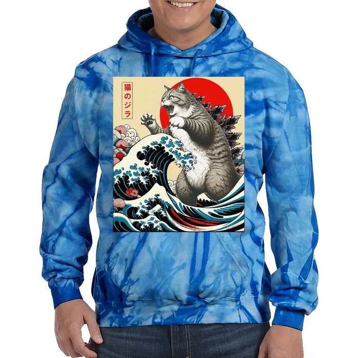 Catzilla Cat Japanese Art Funny Cat Gifts Tie Dye Hoodie