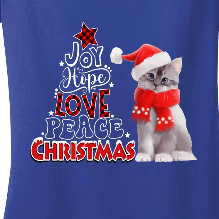 Cute Cat Joy Hope Love Peace Christmas Tree Holiday Xmas Great Gift Women's V-Neck T-Shirt