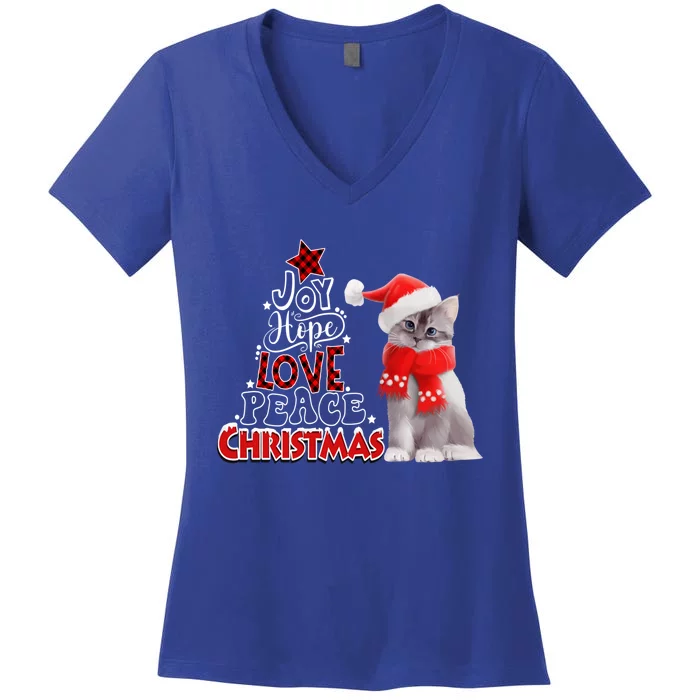 Cute Cat Joy Hope Love Peace Christmas Tree Holiday Xmas Great Gift Women's V-Neck T-Shirt