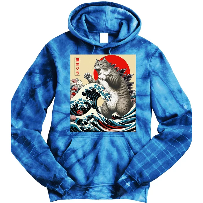 Catzilla Cat Japanese Art Funny Cat Gifts Tie Dye Hoodie