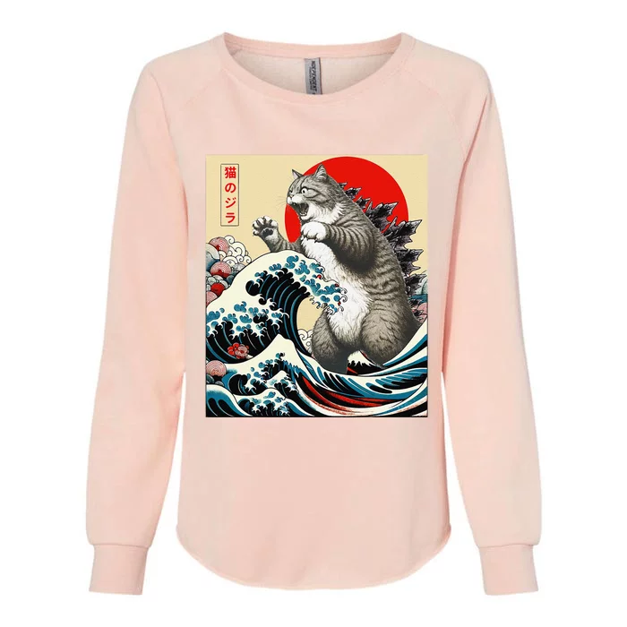 Catzilla Cat Japanese Art Funny Cat Gifts Womens California Wash Sweatshirt