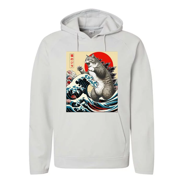 Catzilla Cat Japanese Art Funny Cat Gifts Performance Fleece Hoodie