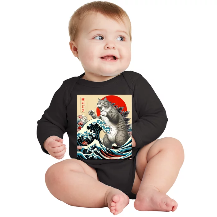 Catzilla Cat Japanese Art Funny Cat Baby Long Sleeve Bodysuit