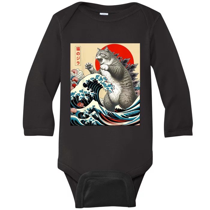 Catzilla Cat Japanese Art Funny Cat Baby Long Sleeve Bodysuit