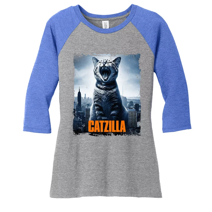 Catzilla Cat Japanese Art Funny Cat Women's Tri-Blend 3/4-Sleeve Raglan Shirt