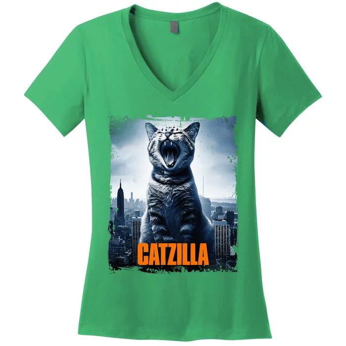 Catzilla Cat Japanese Art Funny Cat Women's V-Neck T-Shirt