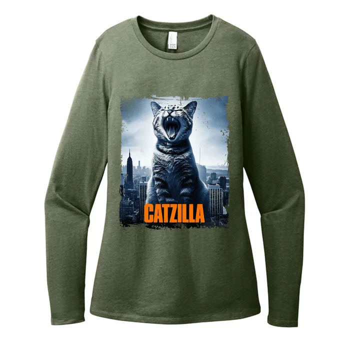 Catzilla Cat Japanese Art Funny Cat Womens CVC Long Sleeve Shirt