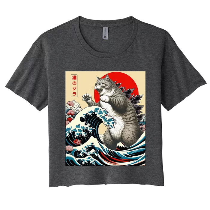 Catzilla Cat Japanese Art Funny Cat Gifts Women's Crop Top Tee