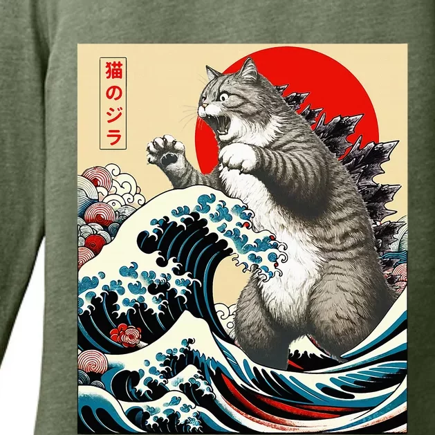 Catzilla Cat Japanese Art Funny Cat Gifts Womens CVC Long Sleeve Shirt