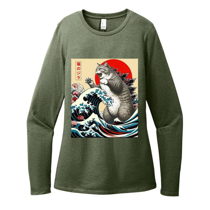 Catzilla Cat Japanese Art Funny Cat Gifts Womens CVC Long Sleeve Shirt