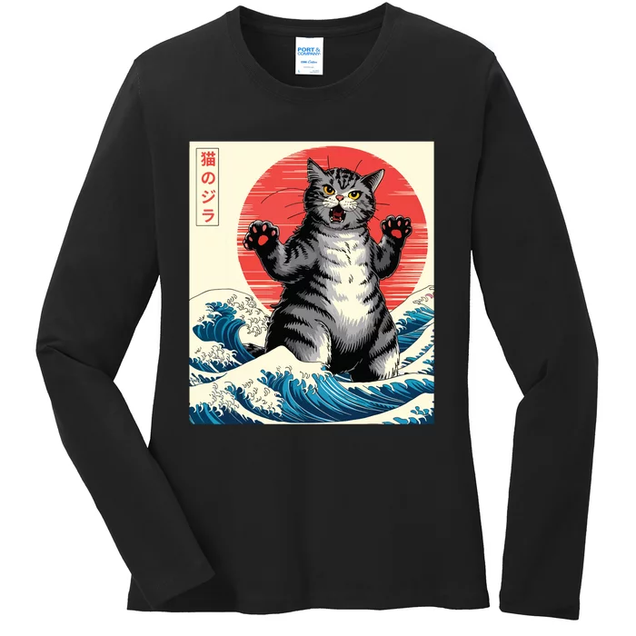 Catzilla Cat Japanese Art Funny Cat Gifts Ladies Long Sleeve Shirt