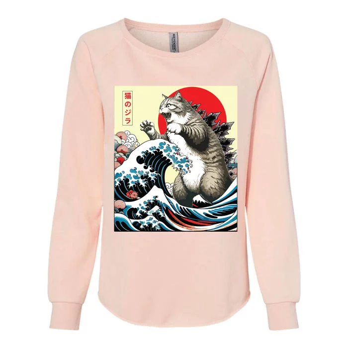 Catzilla Cat Japanese Art Funny Cat Gifts Womens California Wash Sweatshirt