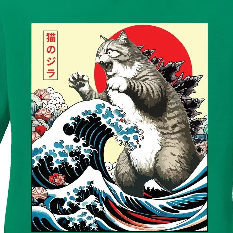 Catzilla Cat Japanese Art Funny Cat Gifts Ladies Long Sleeve Shirt