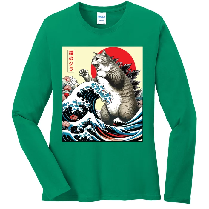 Catzilla Cat Japanese Art Funny Cat Gifts Ladies Long Sleeve Shirt