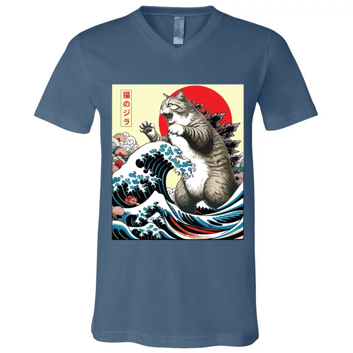 Catzilla Cat Japanese Art Funny Cat Gifts V-Neck T-Shirt