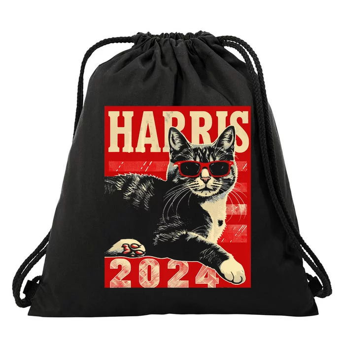 Cool Cat Kamala Vote For Democracy Harris 2024 Drawstring Bag