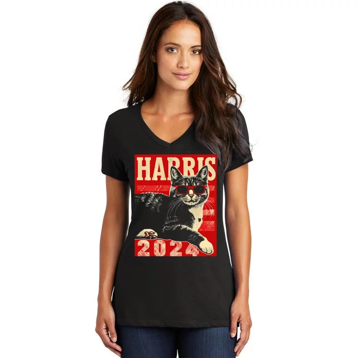 Cool Cat Kamala Vote For Democracy Harris 2024 Women's V-Neck T-Shirt