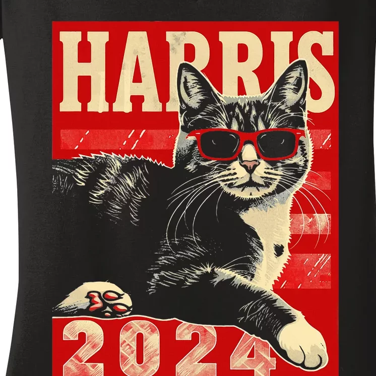 Cool Cat Kamala Vote For Democracy Harris 2024 Women's V-Neck T-Shirt