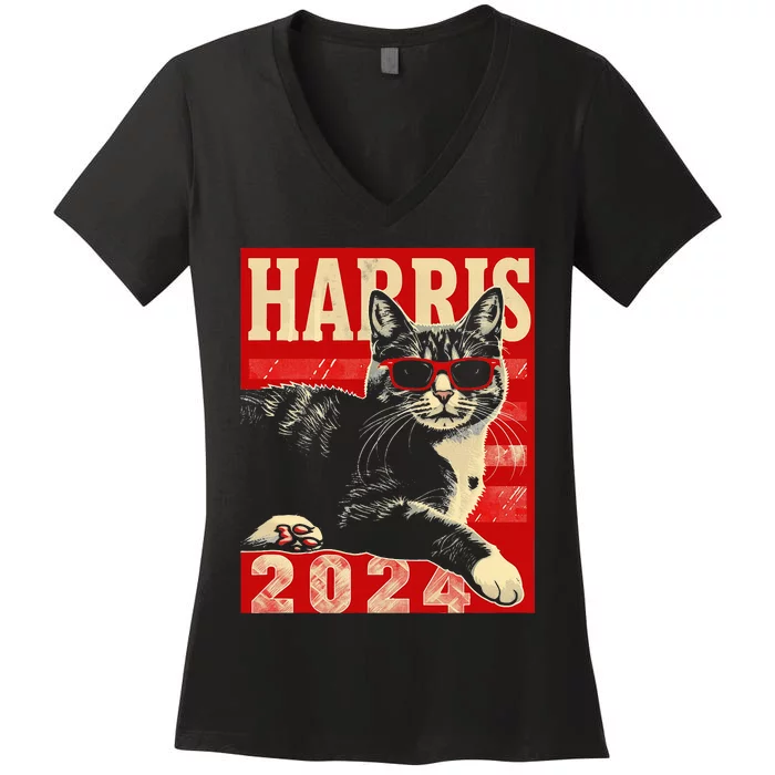 Cool Cat Kamala Vote For Democracy Harris 2024 Women's V-Neck T-Shirt