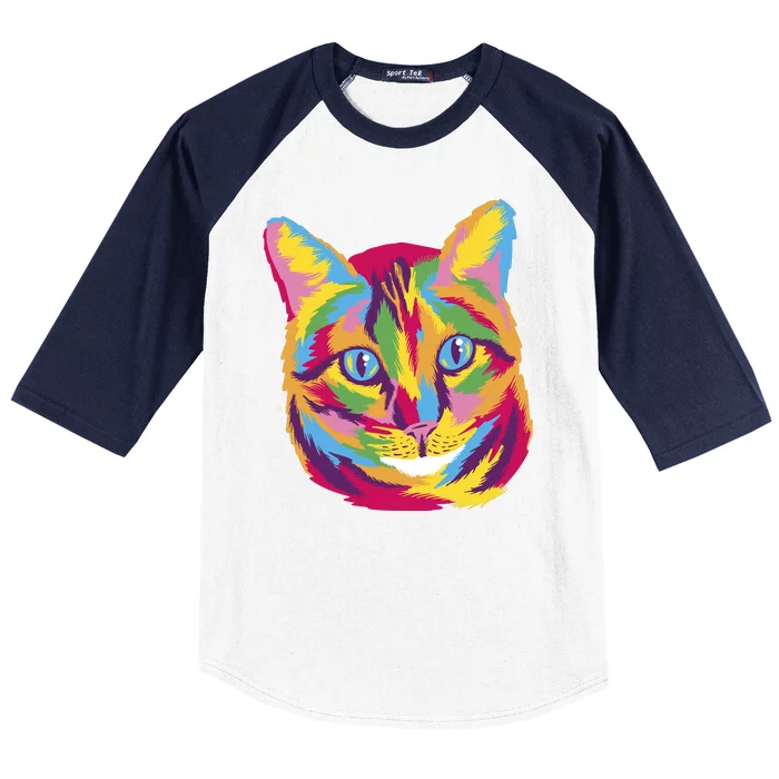 Colorful Cute Kitten Face Baseball Sleeve Shirt