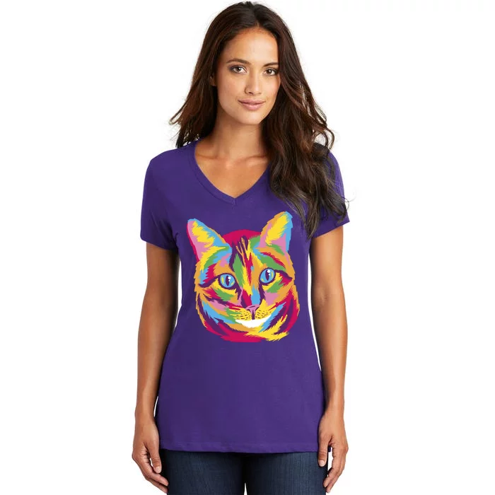 Colorful Cute Kitten Face Women's V-Neck T-Shirt