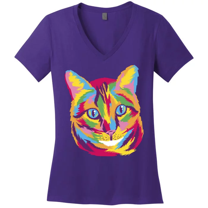 Colorful Cute Kitten Face Women's V-Neck T-Shirt