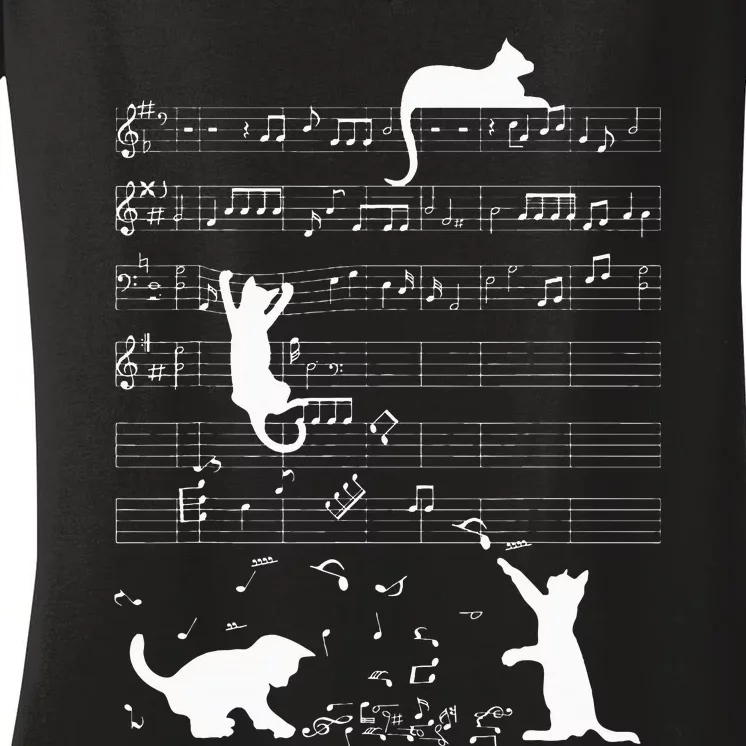 Cute Cat Kitty Playing Music Clef Piano Musician Art Women's V-Neck T-Shirt