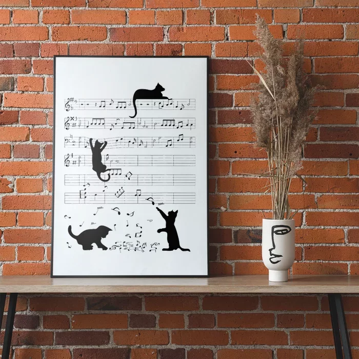 Cute Cat Kitty Playing Music Note Clef Musician Art Poster