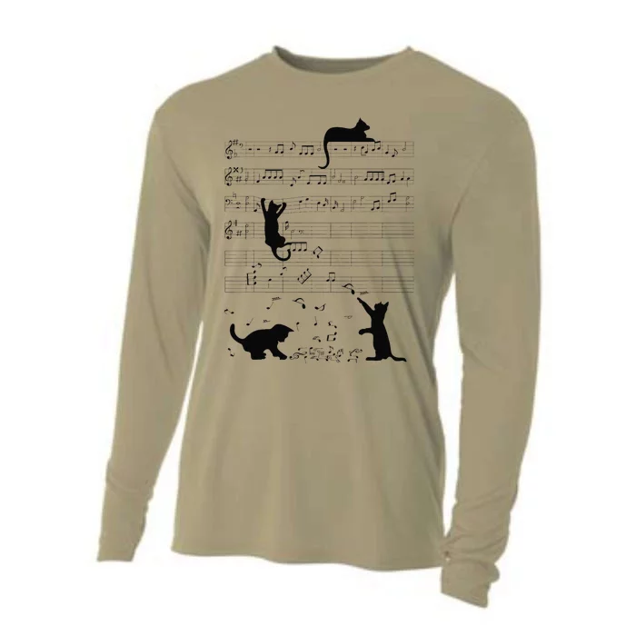 Cute Cat Kitty Playing Music Note Clef Musician Art Cooling Performance Long Sleeve Crew