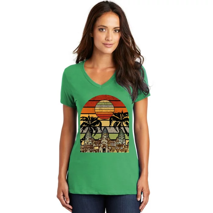 Cambodia Cambodian Khmer Proud Love Vintage Temple Flag Women's V-Neck T-Shirt