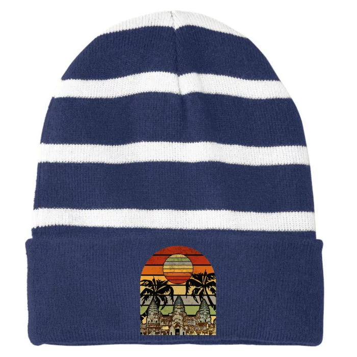 Cambodia Cambodian Khmer Proud Love Vintage Temple Flag Striped Beanie with Solid Band