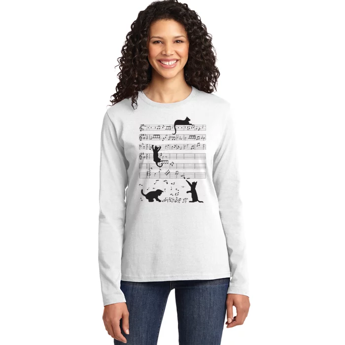 Cute Cat Kitty Playing Music Note Clef Musician Art Ladies Long Sleeve Shirt