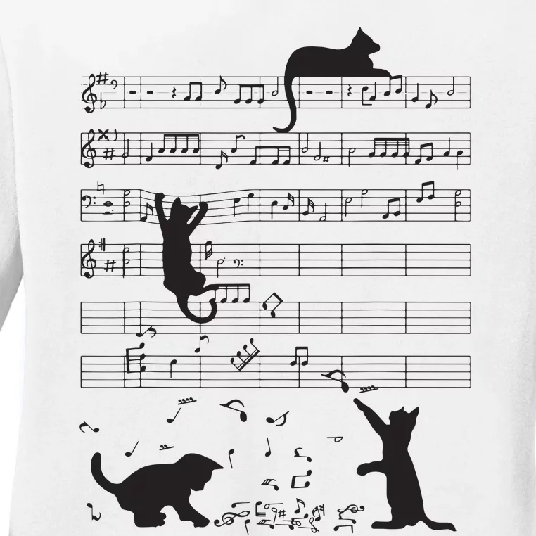 Cute Cat Kitty Playing Music Note Clef Musician Art Ladies Long Sleeve Shirt