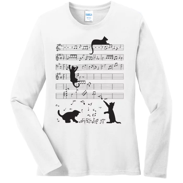 Cute Cat Kitty Playing Music Note Clef Musician Art Ladies Long Sleeve Shirt