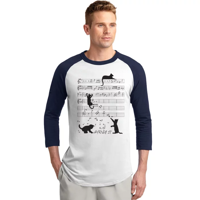 Cute Cat Kitty Playing Music Note Clef Musician Art Baseball Sleeve Shirt