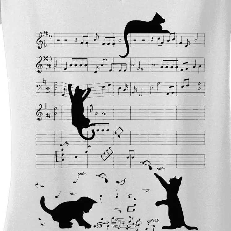 Cute Cat Kitty Playing Music Note Clef Musician Art Women's V-Neck T-Shirt