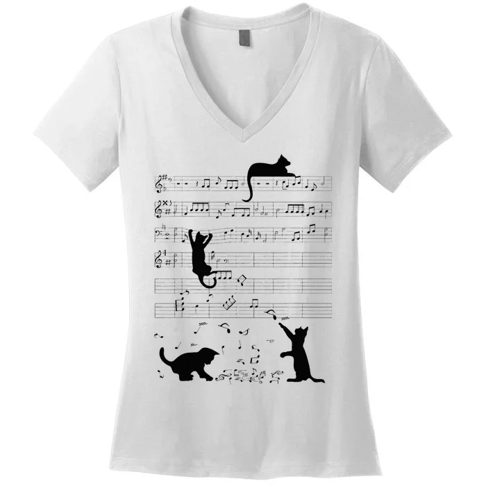 Cute Cat Kitty Playing Music Note Clef Musician Art Women's V-Neck T-Shirt