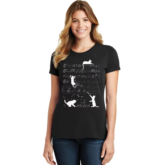 Cute Cat Kitty Playing Music Clef Piano Musician Art Women's T-Shirt