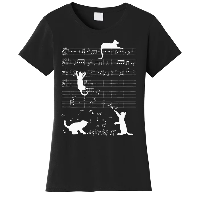 Cute Cat Kitty Playing Music Clef Piano Musician Art Women's T-Shirt