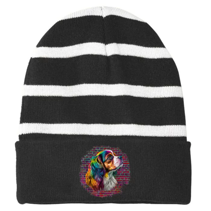 Colorful Cavalier King Charles Spaniel Dog Pop Art Bricks Striped Beanie with Solid Band