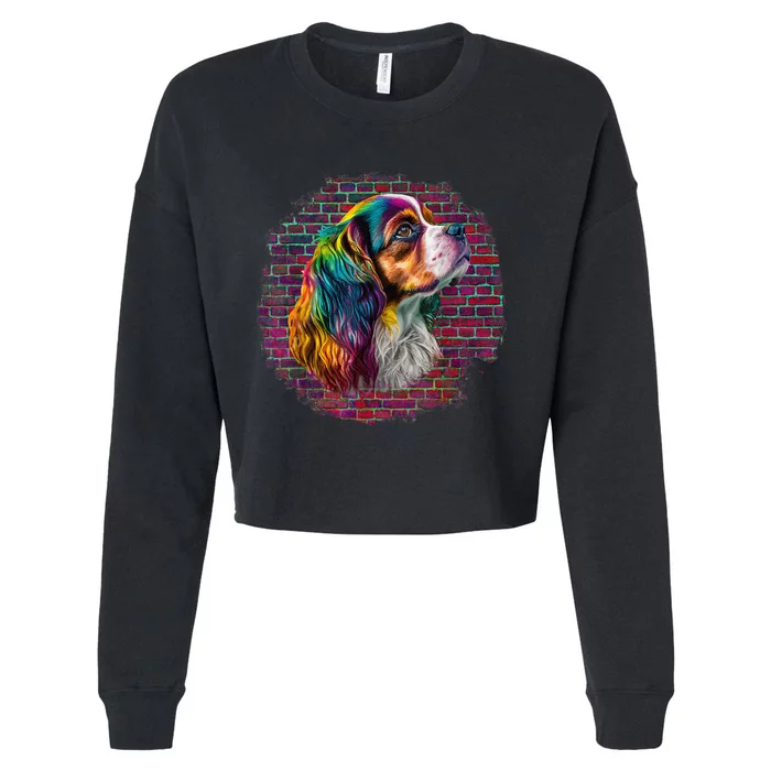 Colorful Cavalier King Charles Spaniel Dog Pop Art Bricks Cropped Pullover Crew